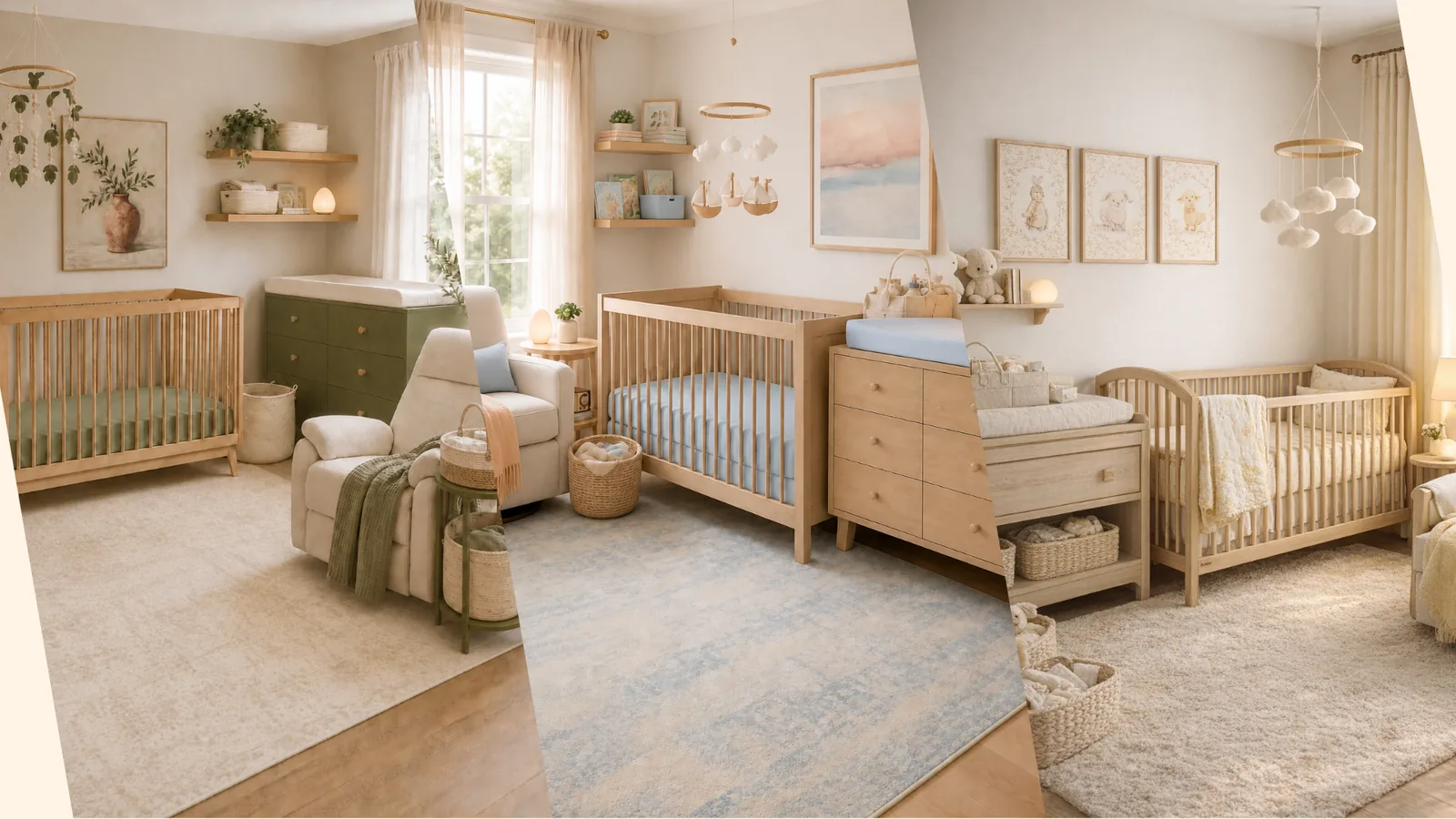 A collage of dreamy shoppable nursery room themes.