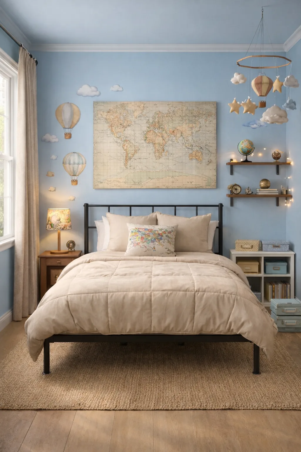 Light blue storybook explorer kids bedroom with a black metal bed, neutral comforter, vintage world map art, jute rug, linen curtains, and warm bedside lamp glow.