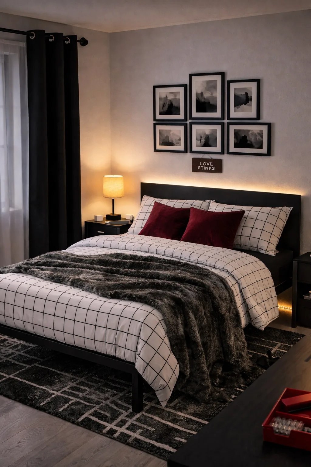 Matte black platform bed with grid bedding, burgundy pillows, faux-fur throw, geometric rug, and black curtains.