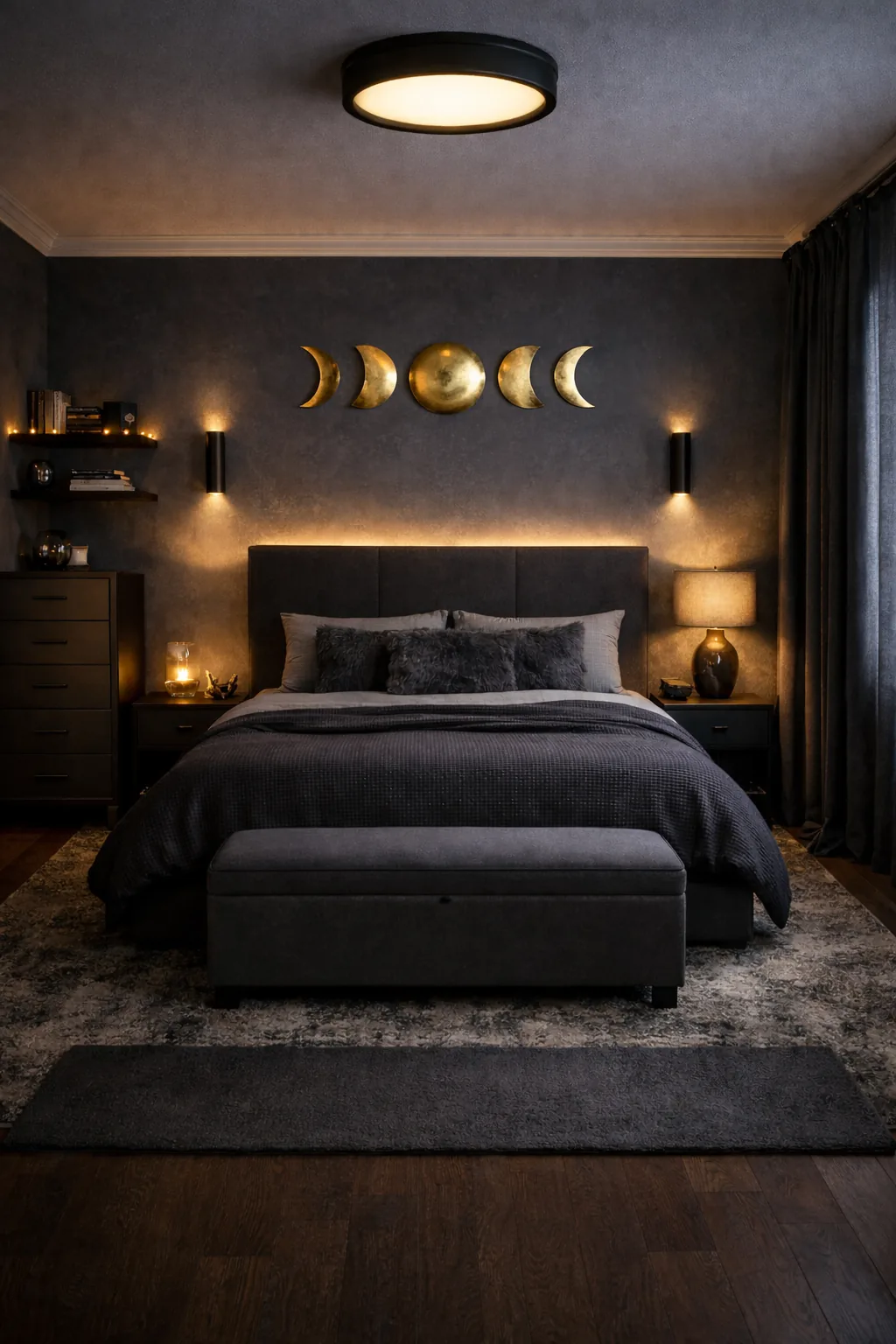 Charcoal upholstered bed with warm LED backglow, black nightstands, blackout curtains, and gold moon wall decor.