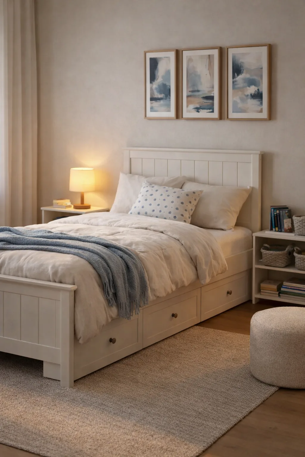 Calm kids bedroom with white drawer bed, ivory bedding, woven rug, dot pillows, warm lamp, and abstract blue wall art.