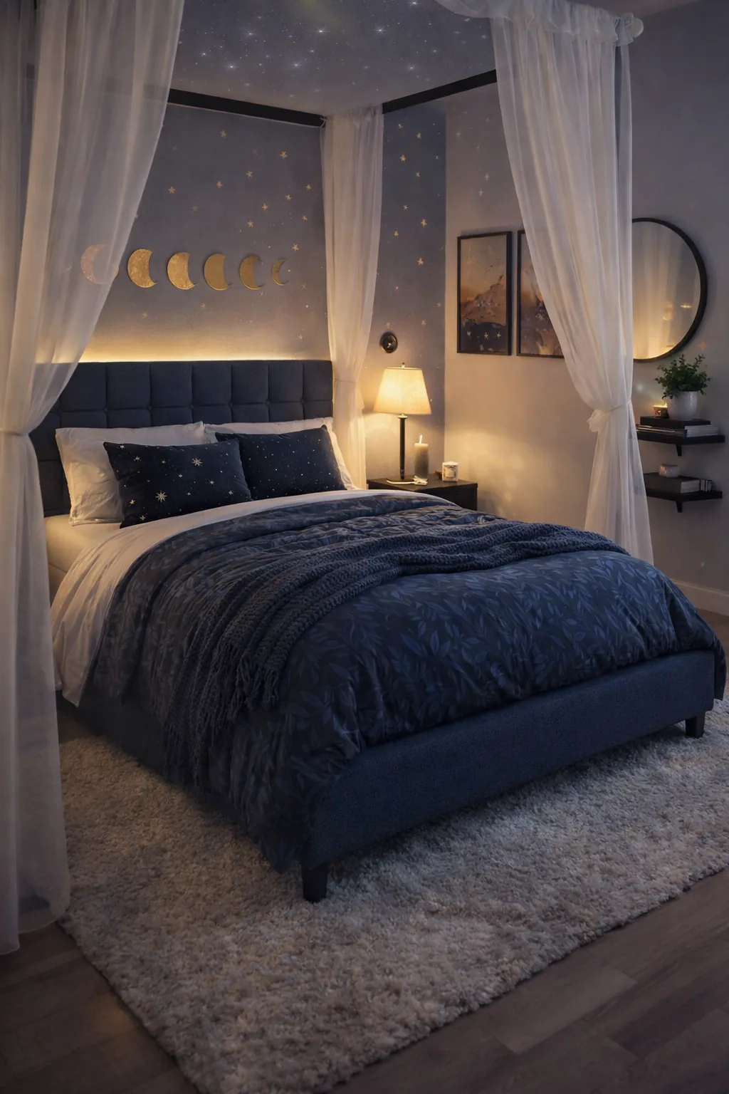Navy tufted bed with botanical duvet, cream shag rug, warm linen lamps, moon phase decor, sheer canopy, faint star glow.