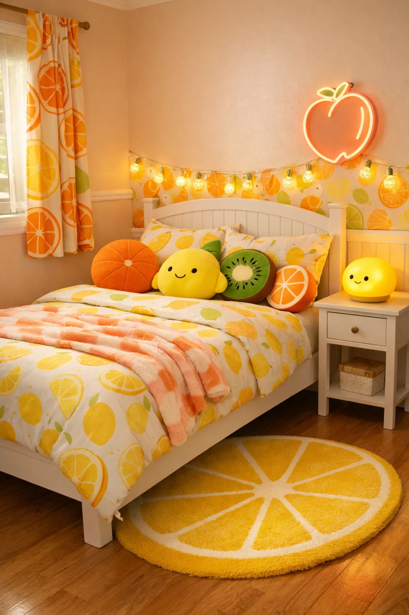Kawaii fruit bedroom with citrus bedding and decor