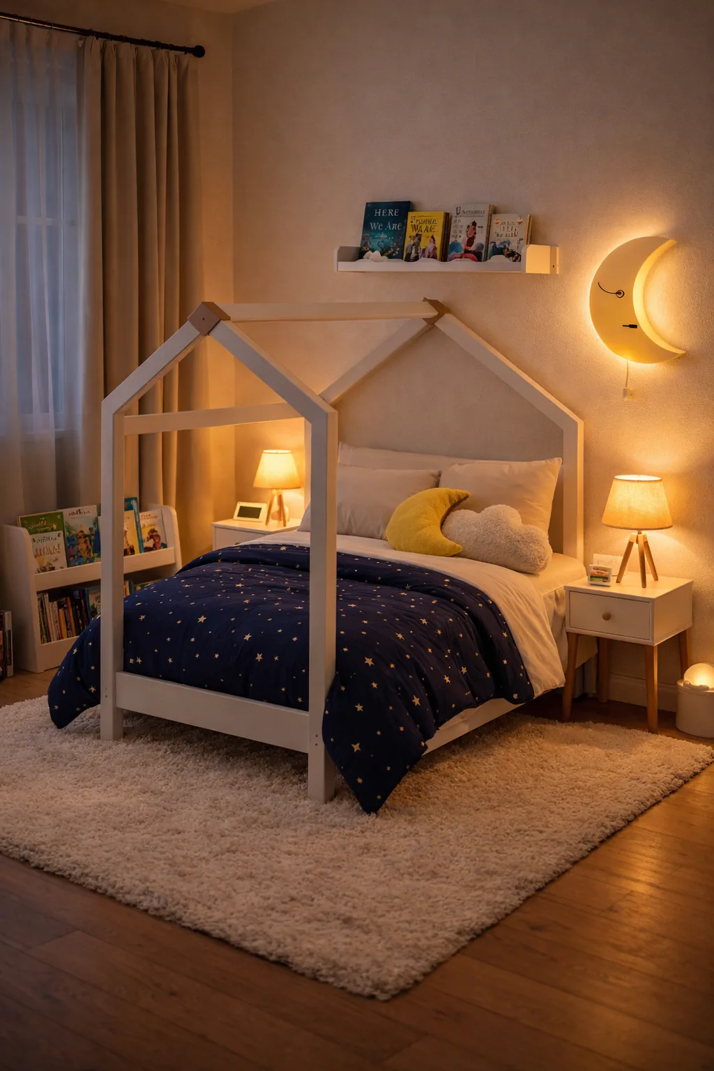 Calm kids bedroom at night with a white house bed, navy star comforter, warm lamp, moon wall light, and ivory shag rug.