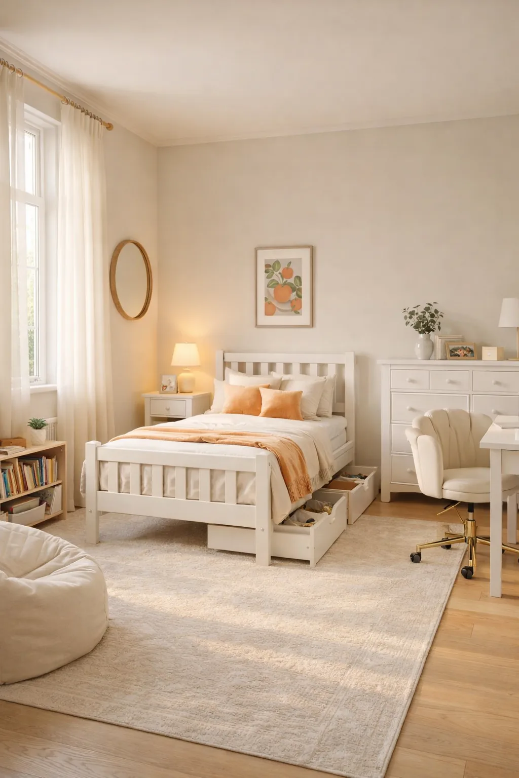 Sunlit kids bedroom with a white storage twin bed, cream bedding, apricot accents, ivory curtains, neutral rug, and small citrus wall art.