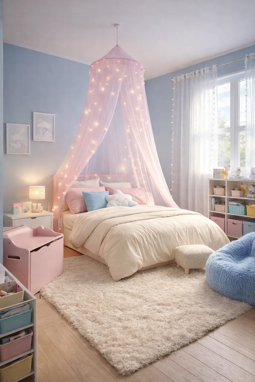 Pastel kids bedroom with powder blue walls, cream bedding, pink canopy, plush cream rug, and blue reading nook.