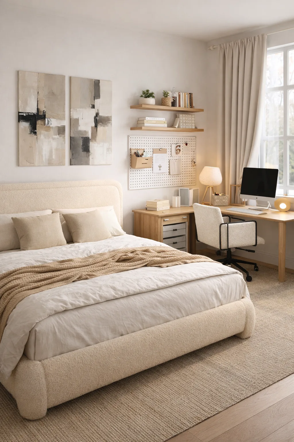 Beige boucle bed with oatmeal bedding beside a light wood desk, pegboard wall system, lamp glow, and linen curtains.