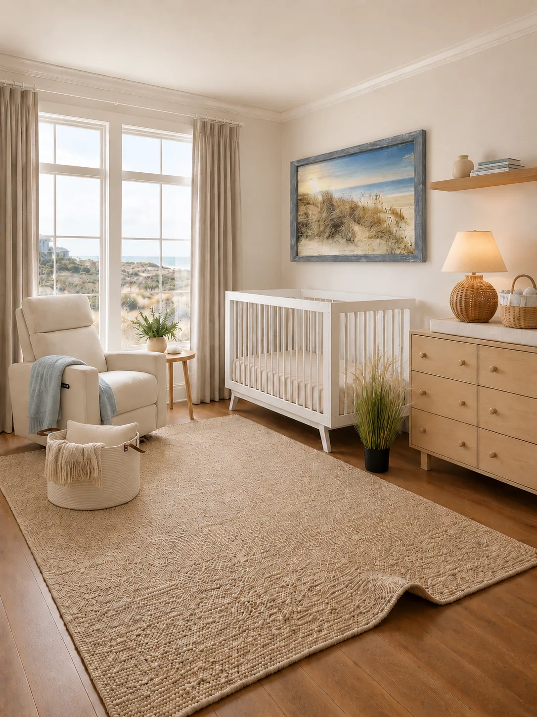 Calm coastal nursery with white crib, ivory glider, woven baskets, sand rug, and misty botanical wall art
