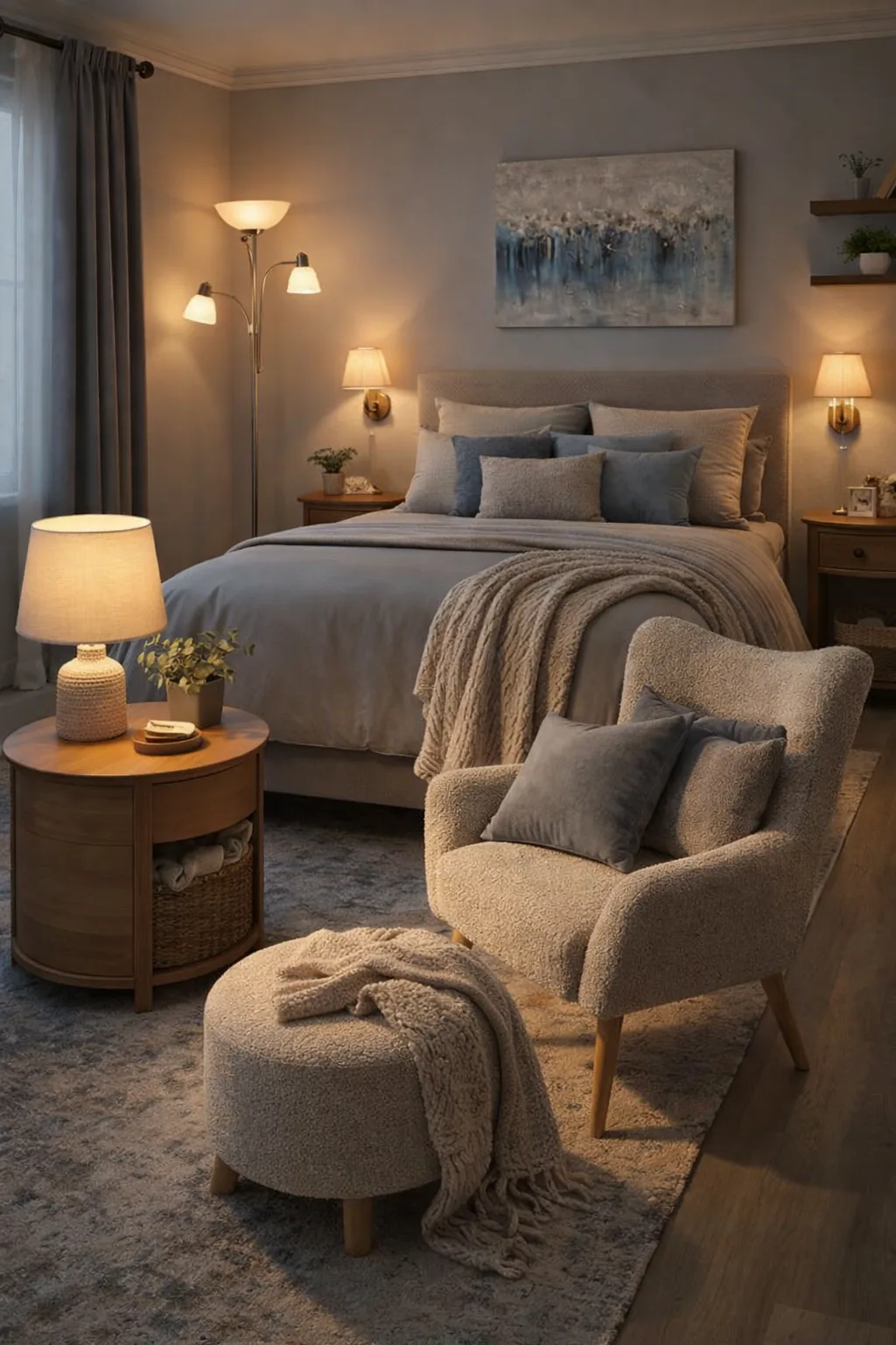 Muted blue-gray bedroom with boucle seating, low-pile rug, layered warm lamps, soft textiles, and warm gray curtains in evening light.