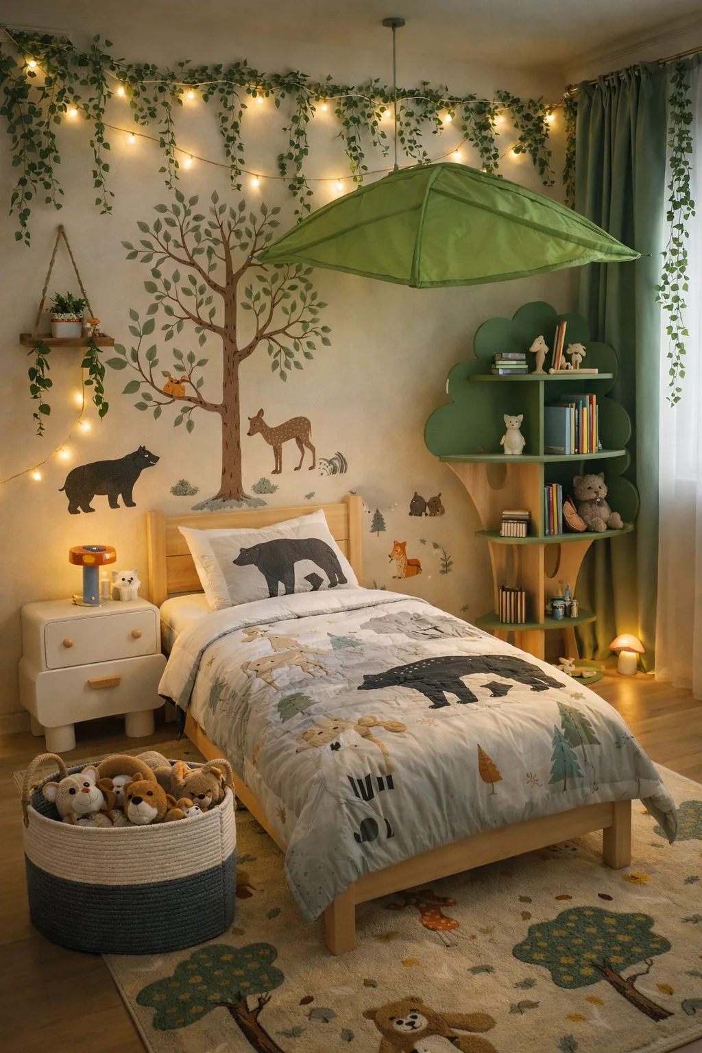 Photorealistic enchanted forest kids bedroom with woodland bedding, tree mural decals, a tree-shaped bookcase, and a soft rug in sage and cream tones.
