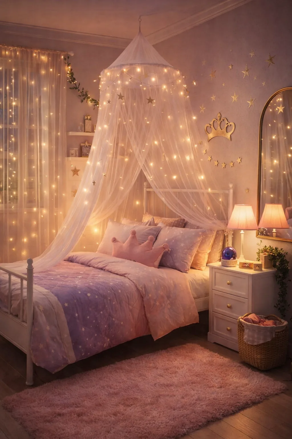 Pastel canopy bed with star-lit net canopy, blush star bedding, warm curtain lights, and gold crown accents at night.