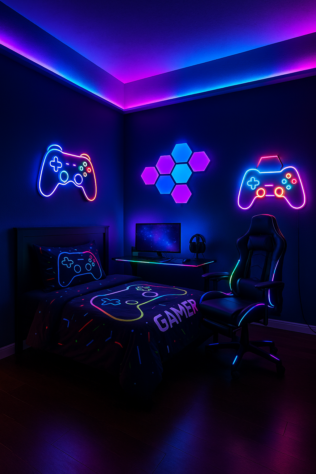 Modern teen gamer bedroom with RGB lighting, controller bedding, hexagon wall panels, and LED-lit gaming desk and chair