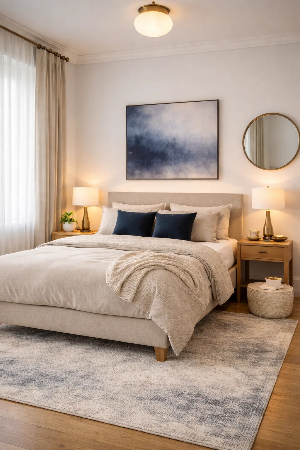 Modern neutral bedroom with a beige upholstered bed, stone bedding, navy pillows, abstract gradient art, ivory rug, oak nightstands, and warm brass lamps.