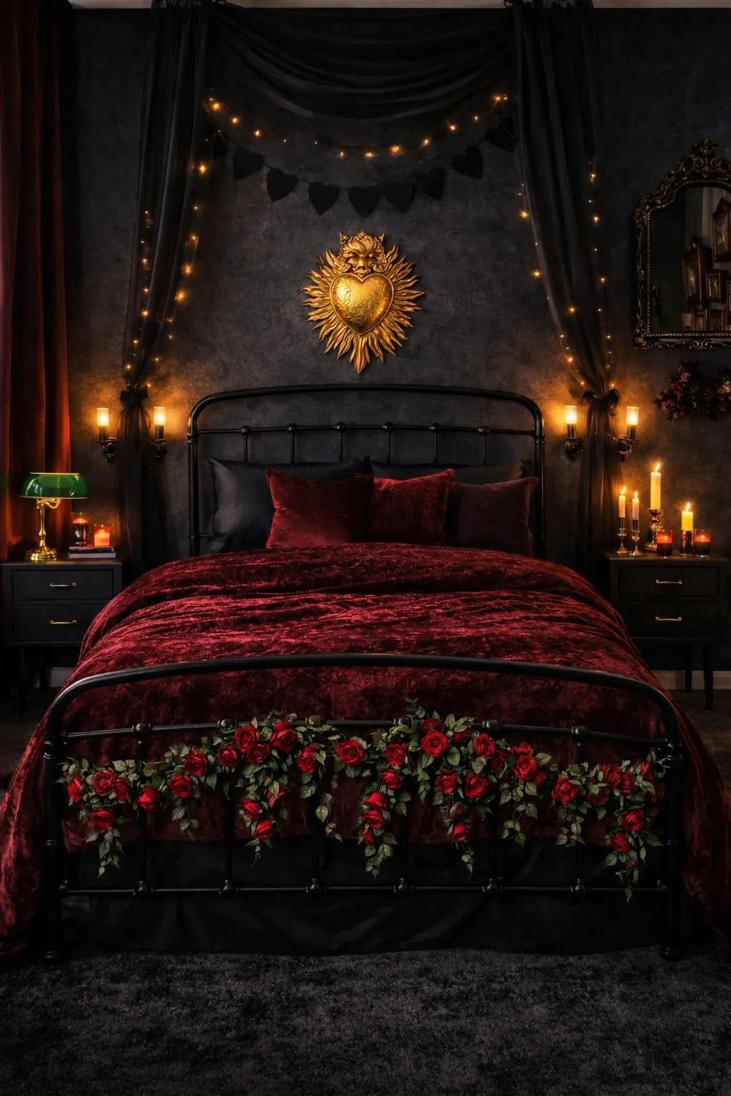 Black metal bed, burgundy velvet bedding, fairy lights, gold heart plaque, LED candles, dark roses on charcoal walls.