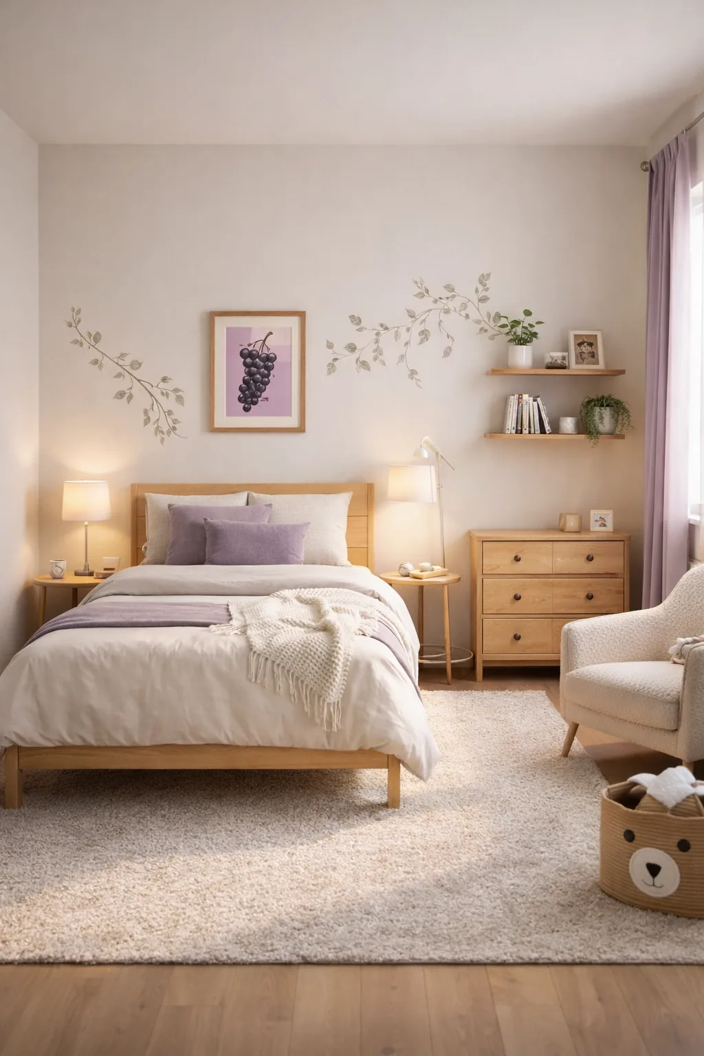 Muted lavender and warm-gray kids bedroom with light wood bed, cream bedding, neutral rug, bouclé reading chair, grape art, and vine decals.