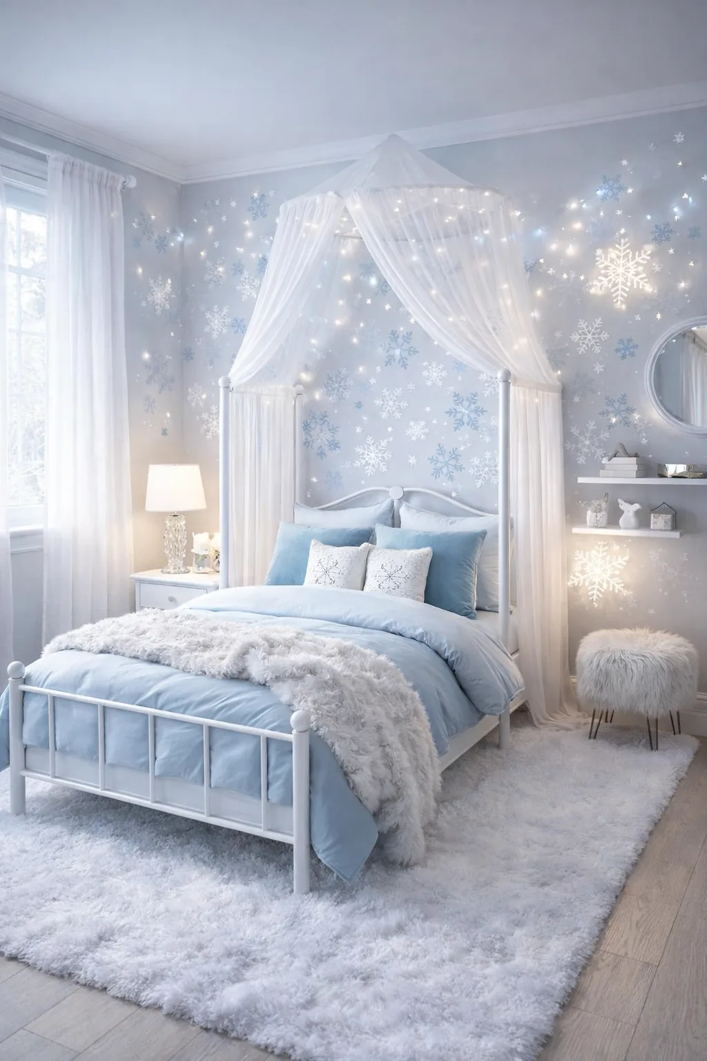 White twin canopy bed with sheer drape, icy blue bedding, snowflake decals, shag rug, crystal lamp, and sheer curtains.
