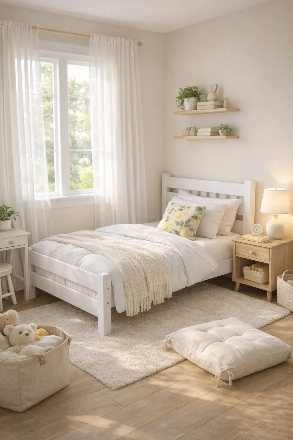 Bright kids bedroom with a white twin bed, white bedding, cream rug, sheer curtains, light oak nightstand, warm table lamp, and one lemon accent pillow.