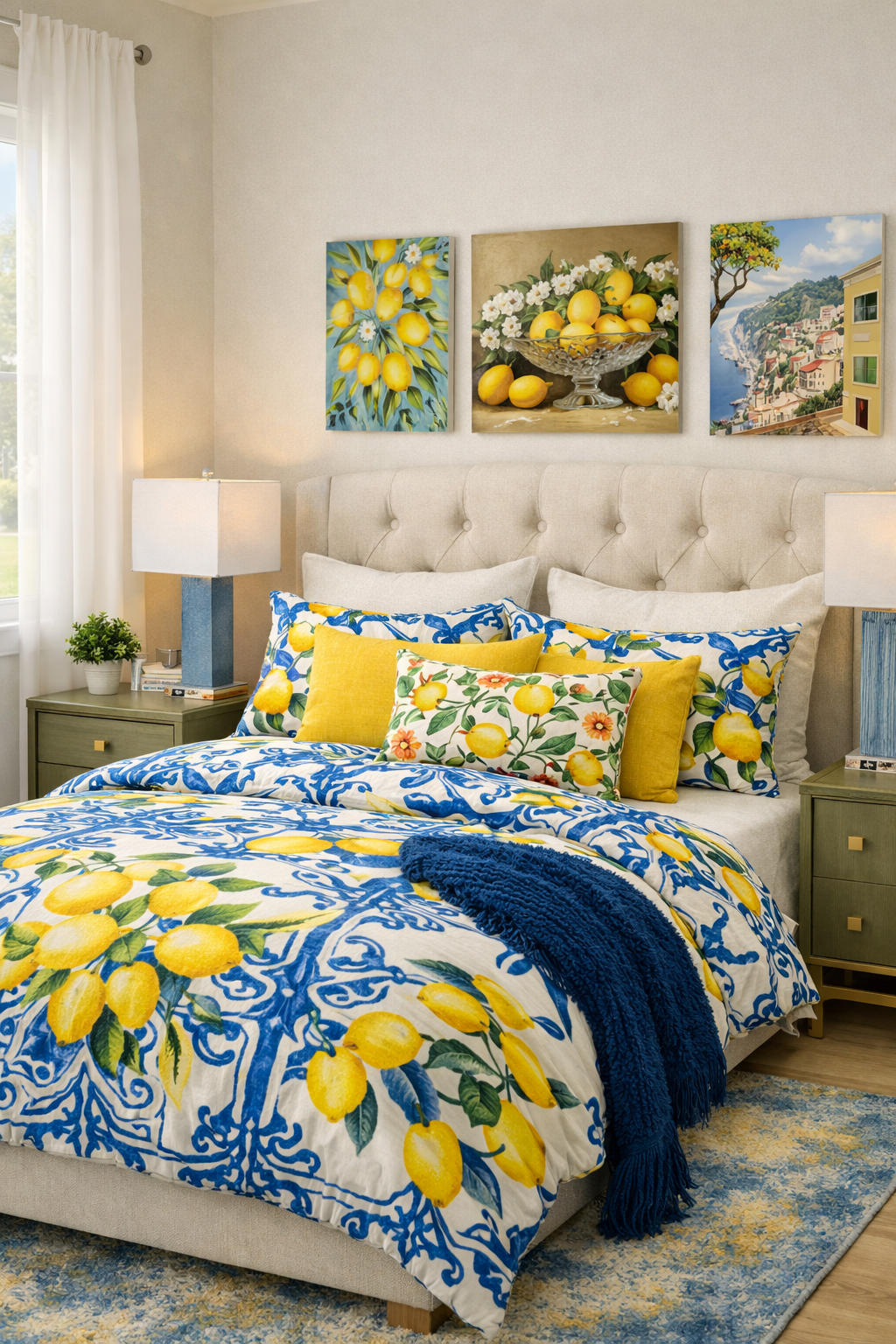 Sunlit bedroom with beige tufted headboard, lemon-print duvet, blue ceramic lamps, sheer curtains, lemon wall art, and a blue-yellow rug.