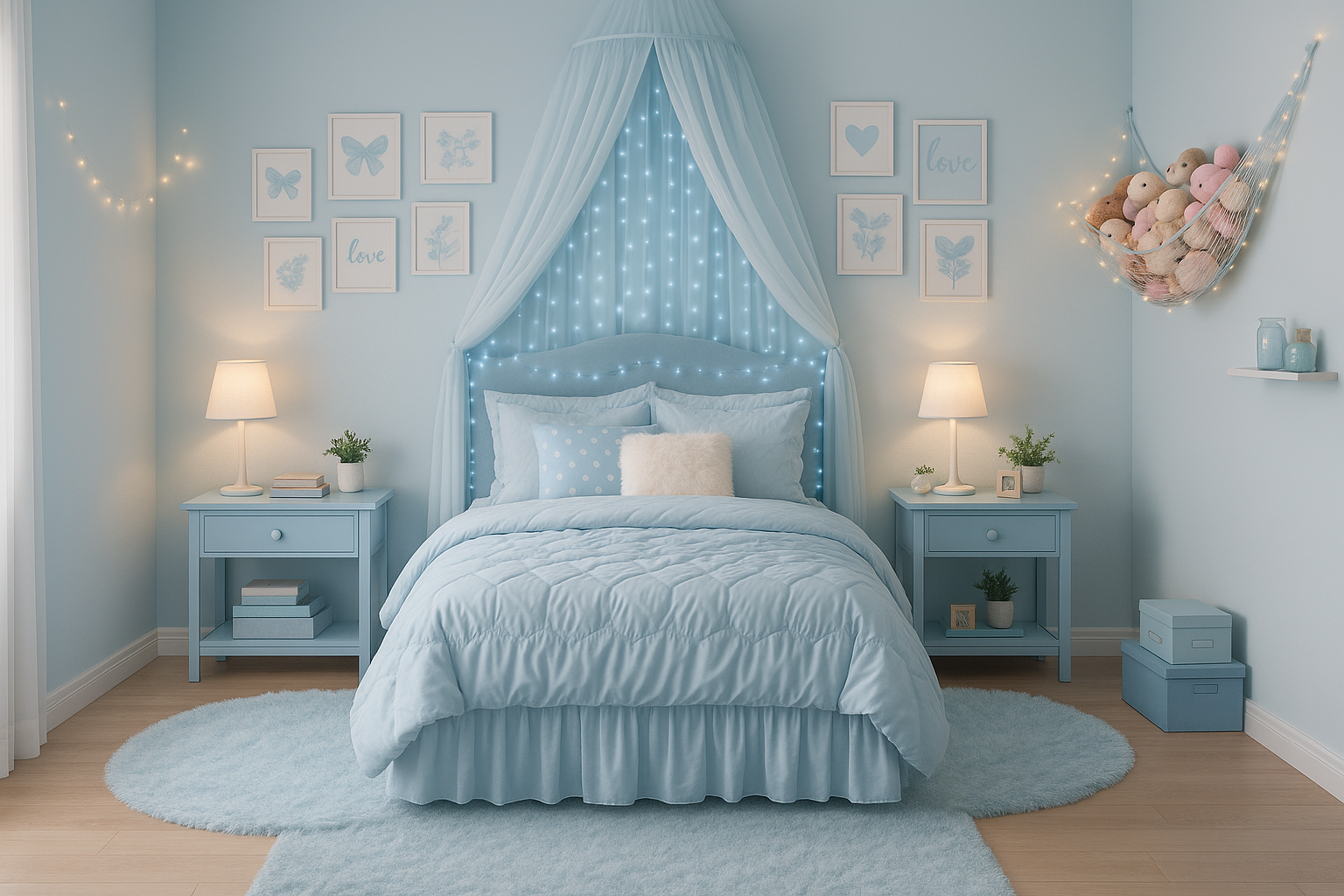 Light blue girl's bedroom with canopy, fairy lights, rugs, and stuffed animal hammock