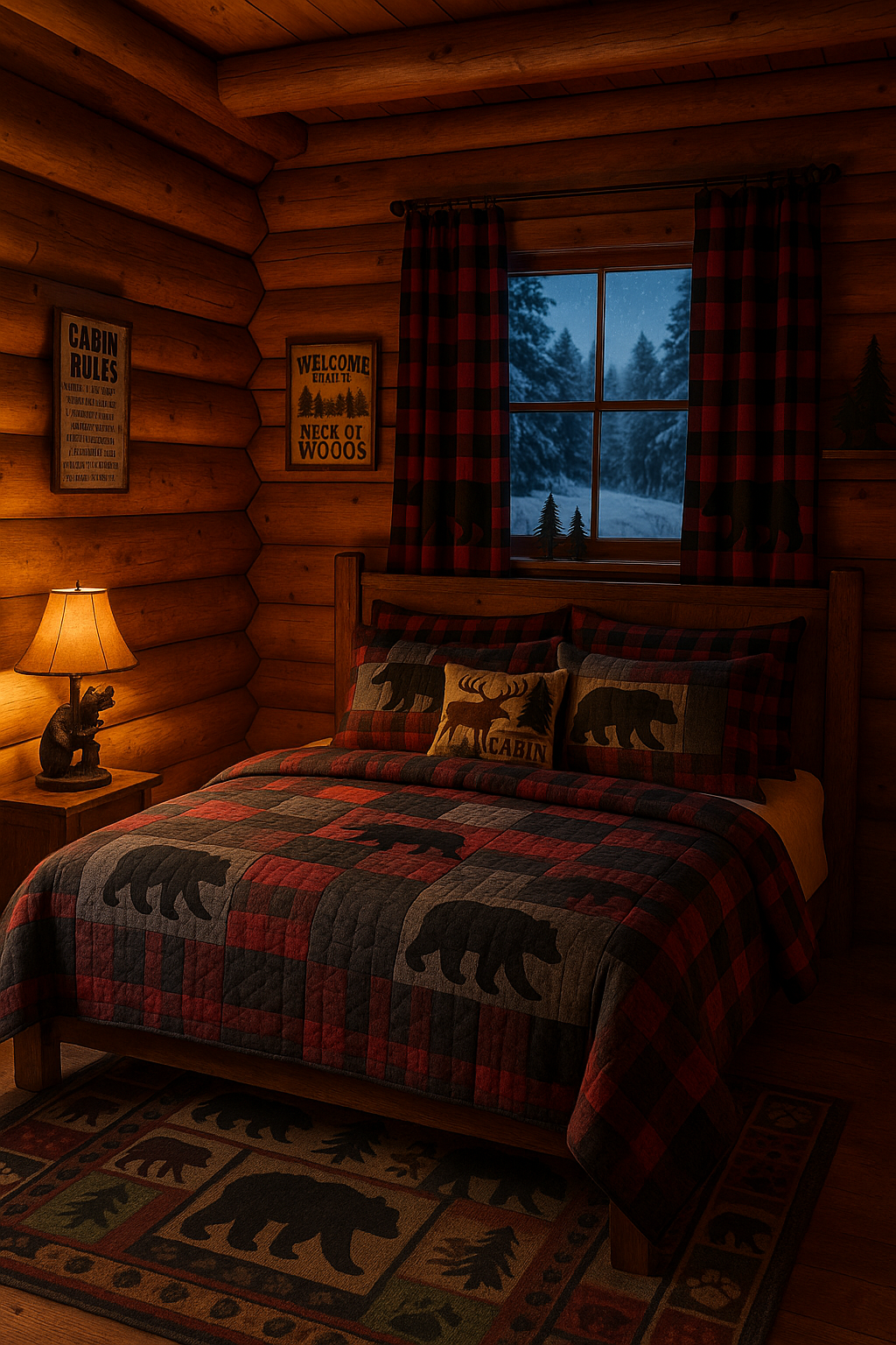 Cozy winter log cabin bedroom with bear quilt, plaid curtains, cabin rug, and rustic decor