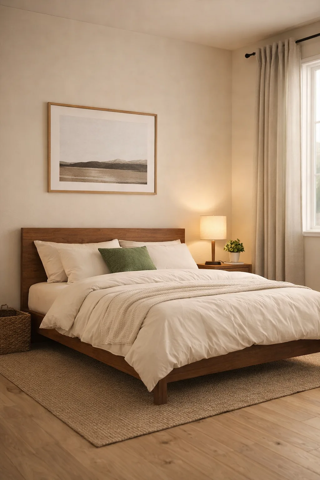 Walnut platform bed with off-white cotton bedding, jute rug, beige curtains on a black rod, and a warm table lamp.