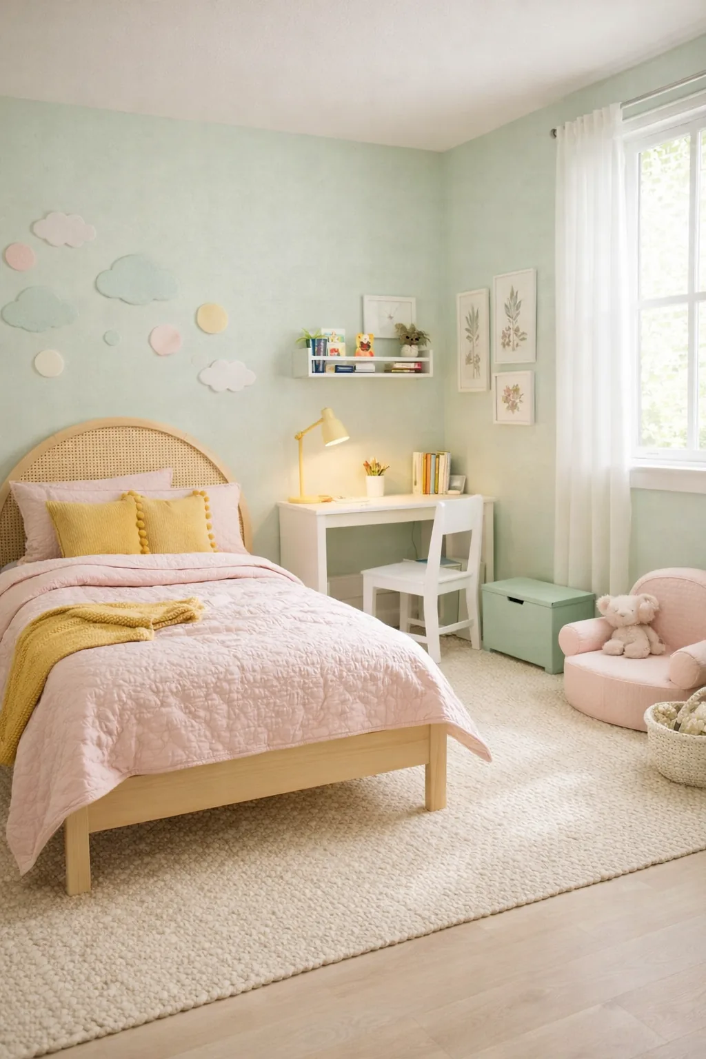 Wide-angle mint kids bedroom with cane twin bed, blush quilt, ivory jute rug, white desk, blush chair, and botanical wall art in warm daylight.