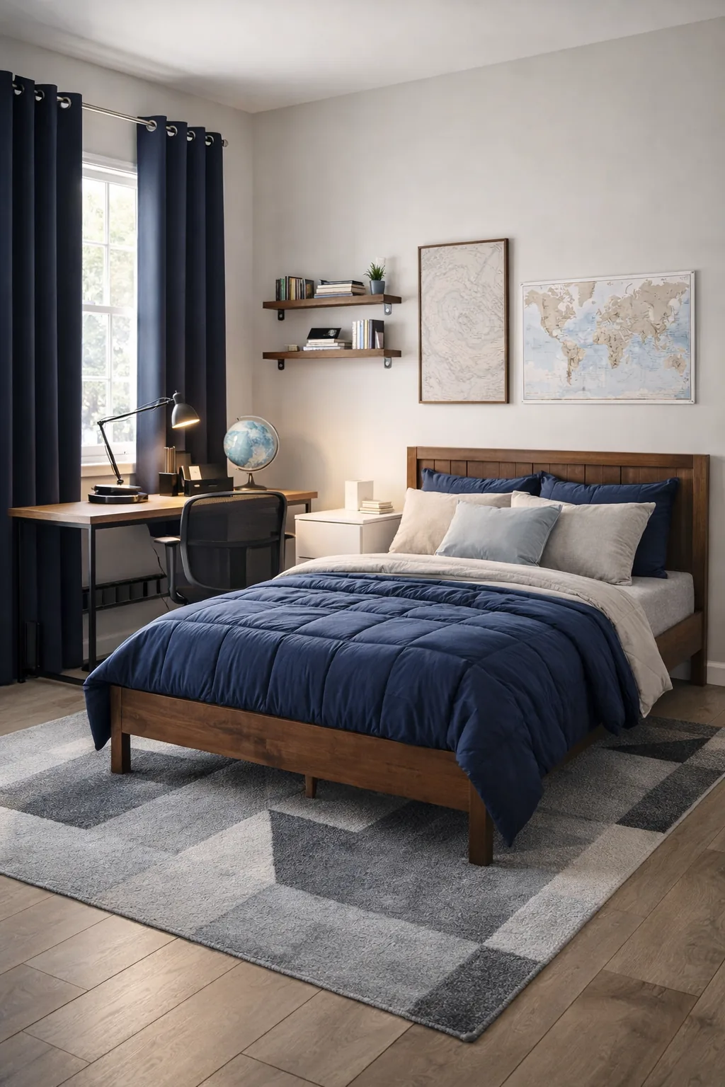 Modern teen bedroom with warm wood platform bed, navy quilted bedding, gray geometric rug, navy curtains, and a tidy desk with globe and map wall art.