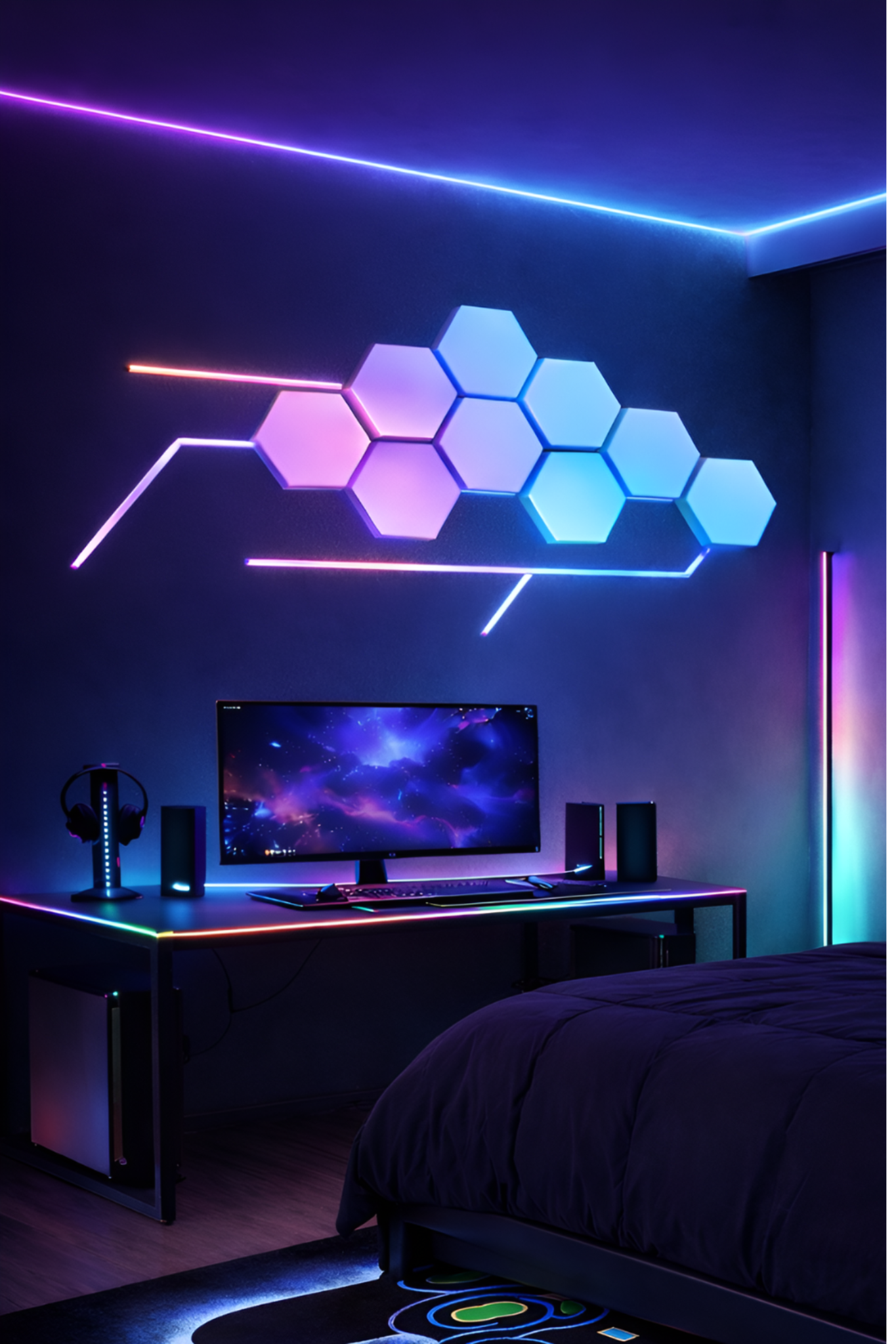 RGB gamer bedroom with modular wall lighting