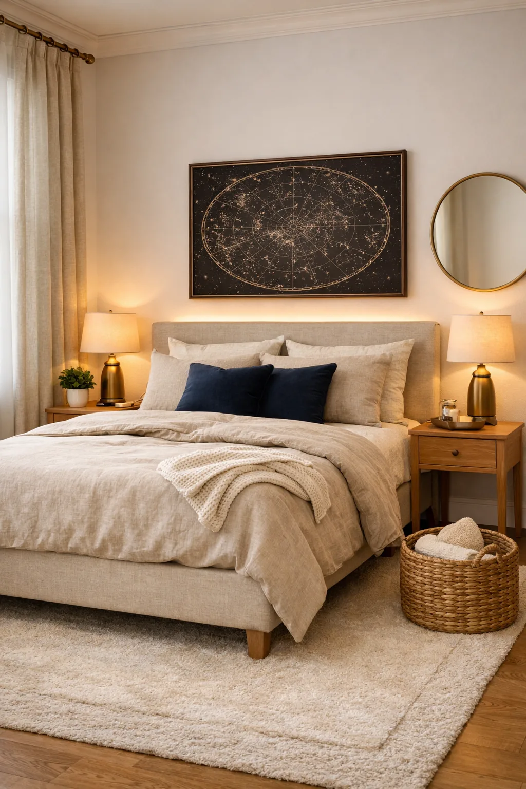 Neutral bedroom with linen upholstered bed, oatmeal duvet, brass lamps on oak nightstands, ivory rug, linen curtains, and a vintage star map above the headboard.