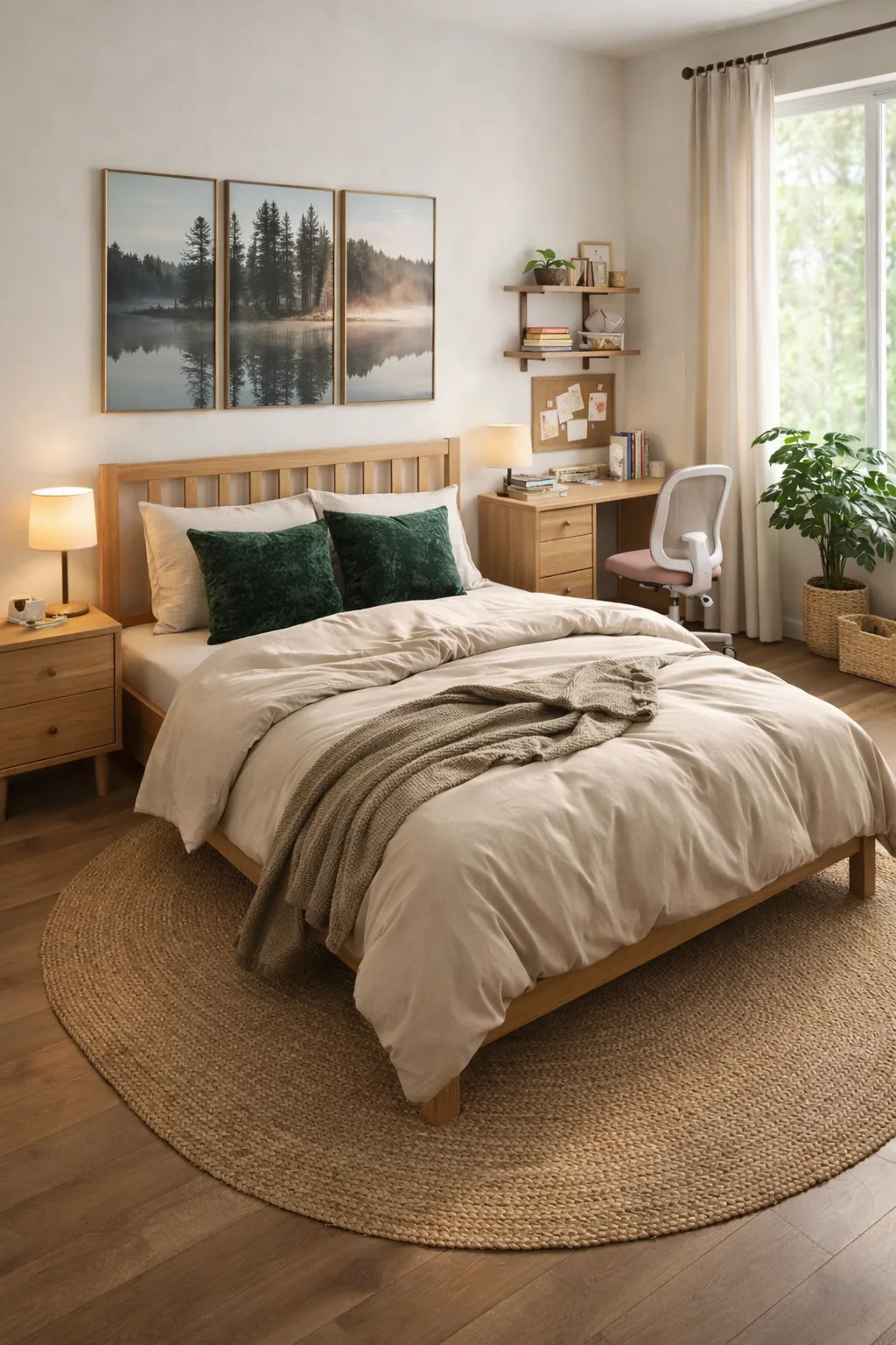 Warm wood platform bed with beige bedding and forest green pillows, jute oval rug, wood lamp, curtains, and a tidy study desk in soft daylight.