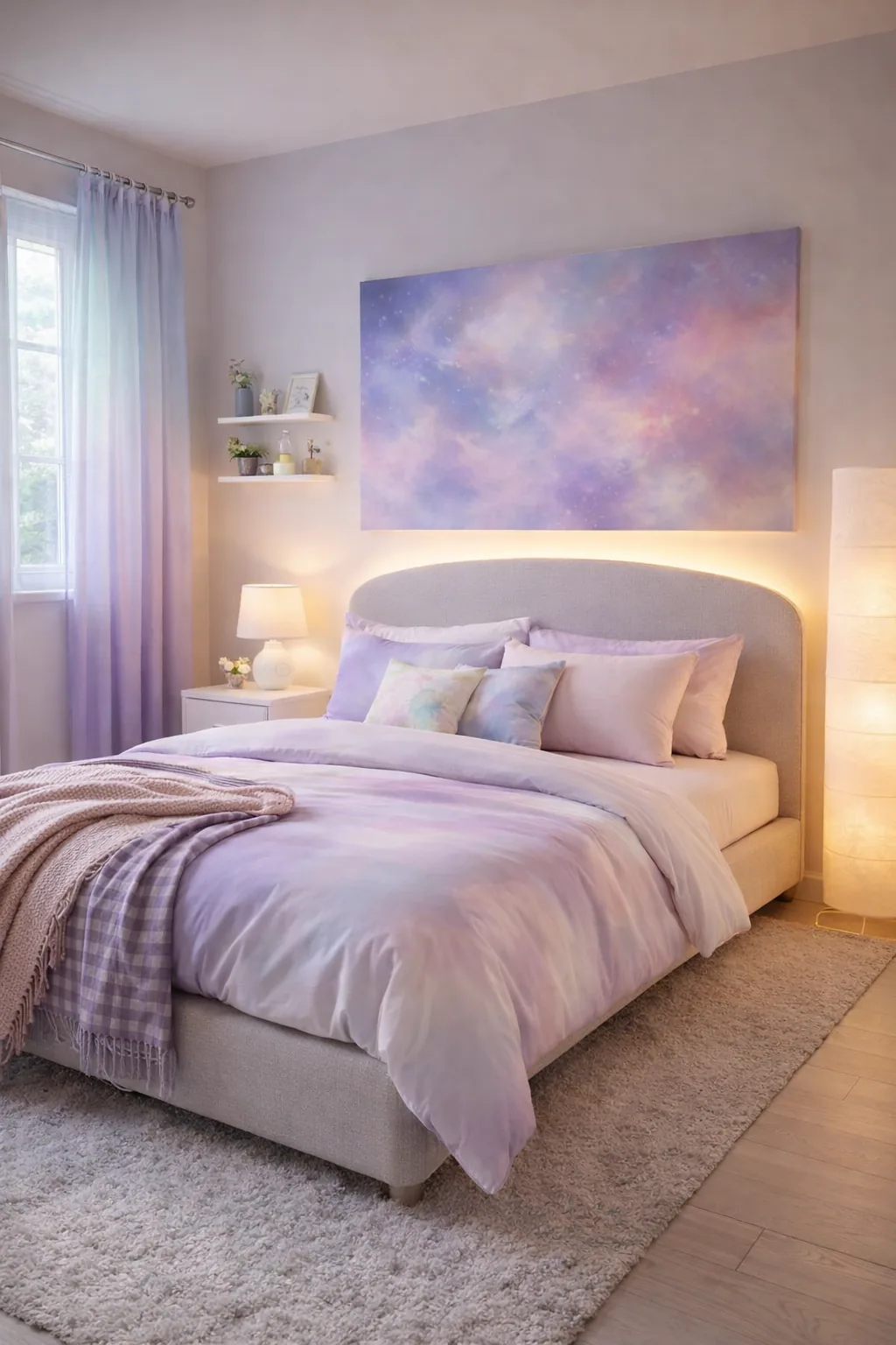 Vertical photo of a modern bedroom with a curved upholstered bed, lavender ombre bedding, soft neutral rug, ombre sheer curtains, and nebula wall art in gentle daylight.