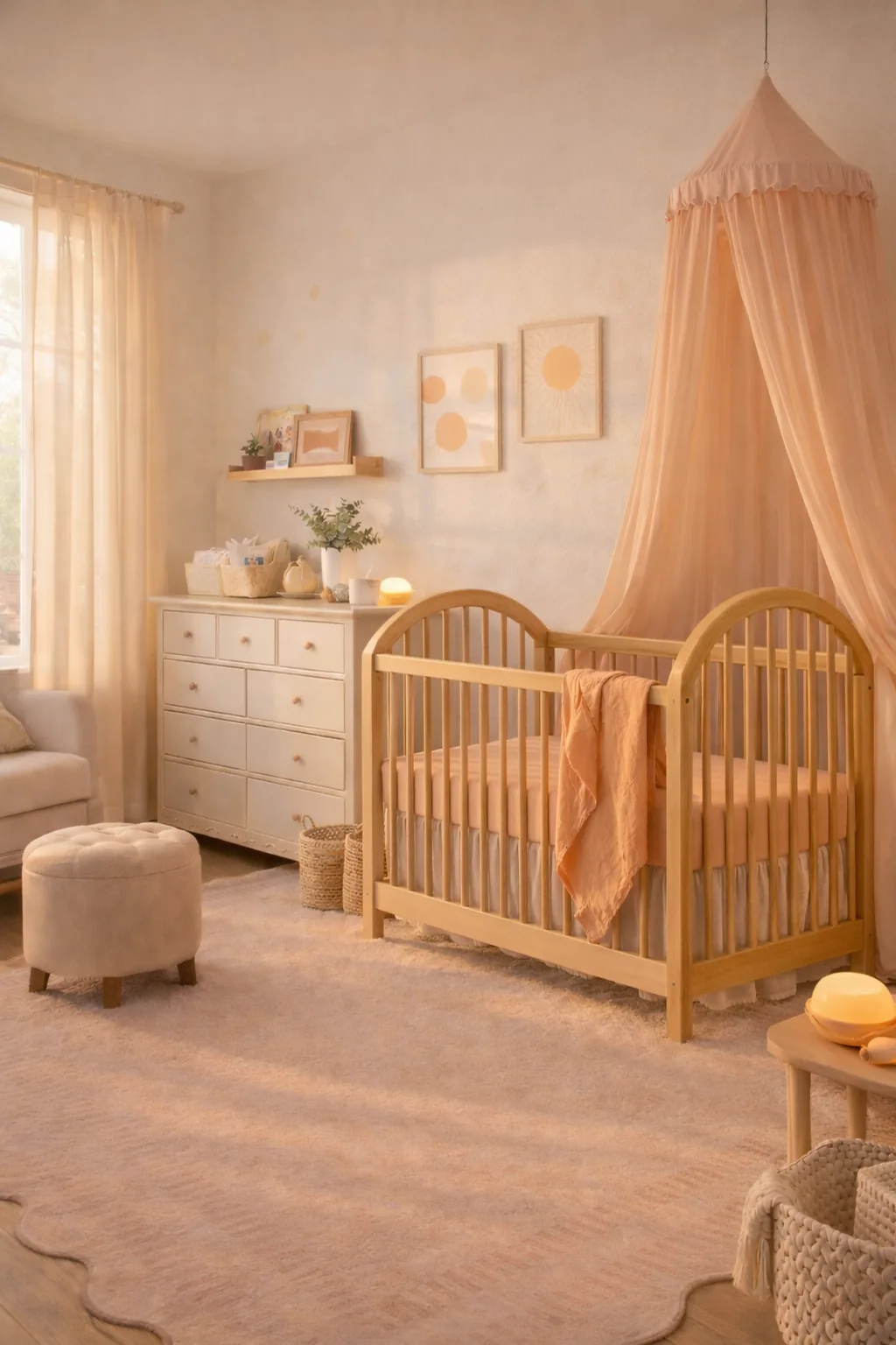 Warm peach apricot nursery with a light wood crib, cream dresser, soft glider, sheer curtains, and a pastel rug.