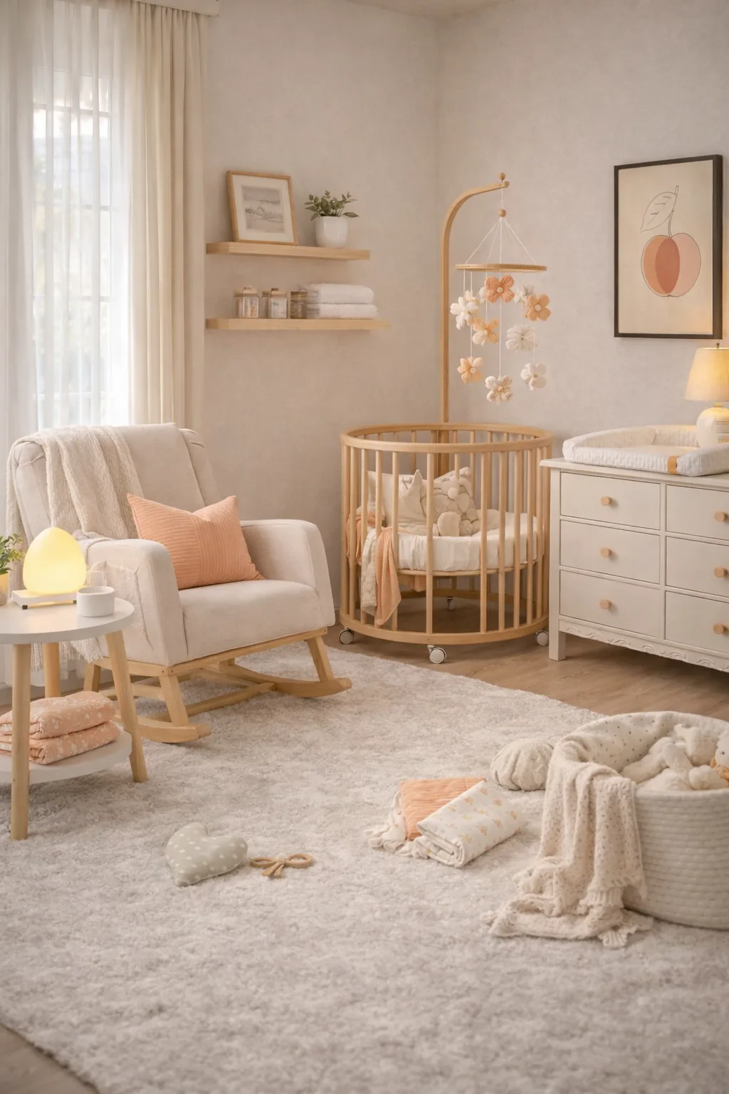 Soft peach and cream nursery with light wood crib, boucle chair, sheer curtains, and subtle peach accents in warm morning light