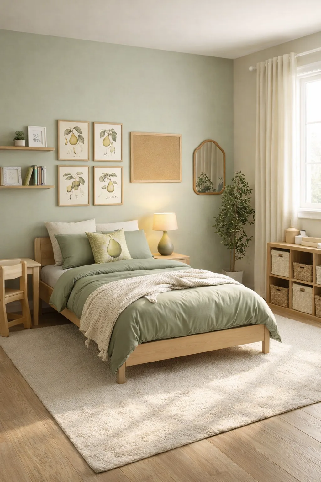 Calm kids bedroom with a low natural wood bed, sage bedding, cream knit throw, pear pillow, ivory rug, light wood desk, and pear prints on a sage wall.