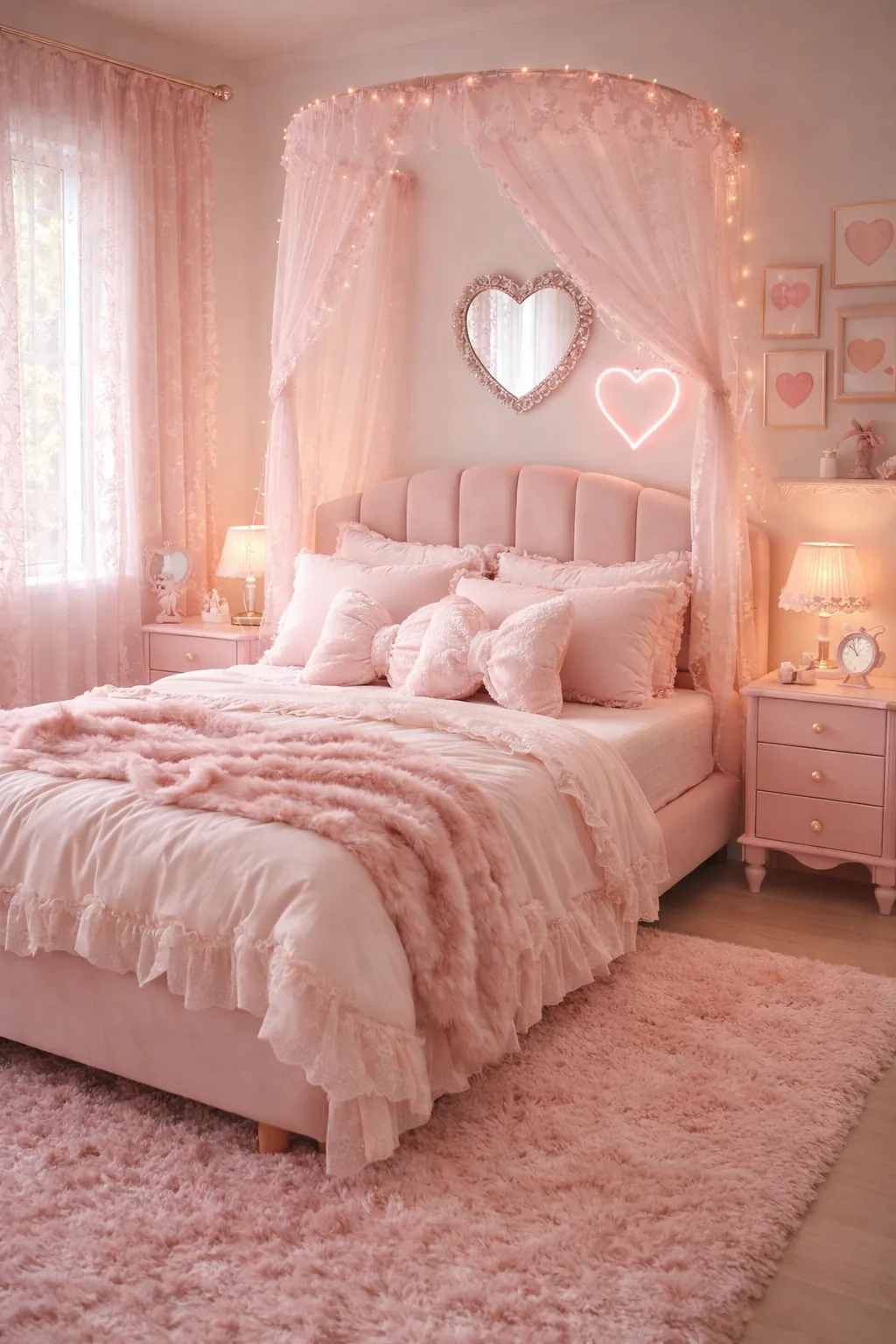 Blush velvet bed with lace ruffle bedding, bow pillows, sheer canopy, scalloped nightstands and lamps, heart mirror, and pink shag rug.