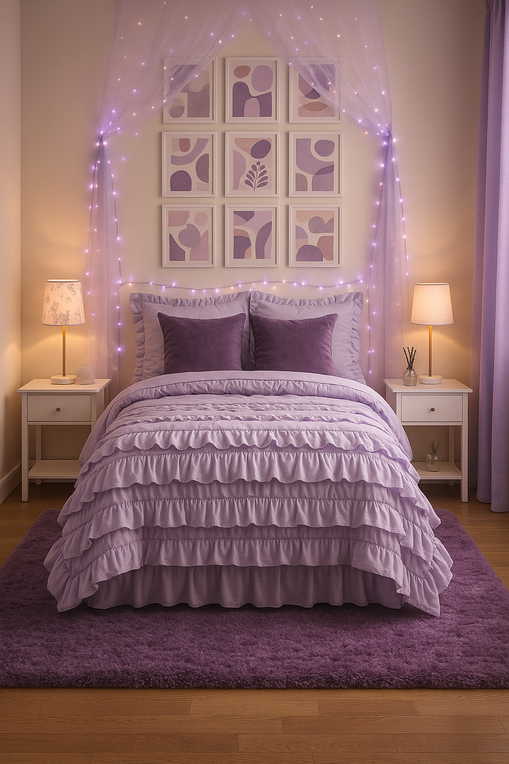 Purple lavender dream bedroom with ruffled comforter, fluffy rug, canopy, fairy lights, and abstract wall art.