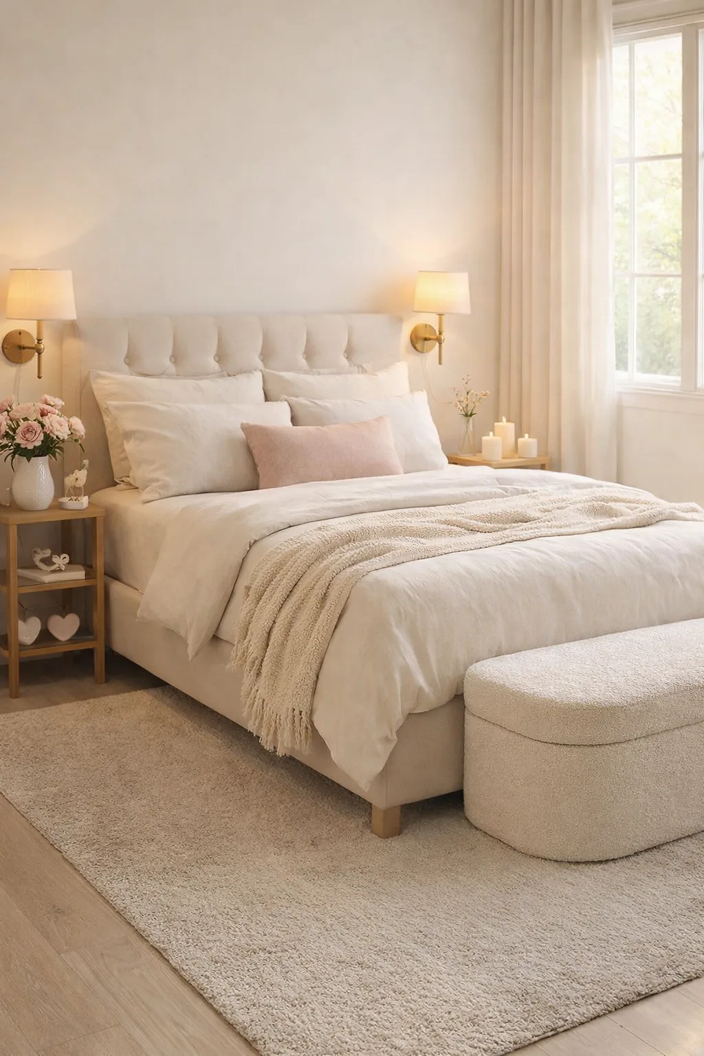 Cream linen bed, blush lumbar, brass sconces, wood nightstand, ivory rug, boucle bench, and peony vase in a bedroom.