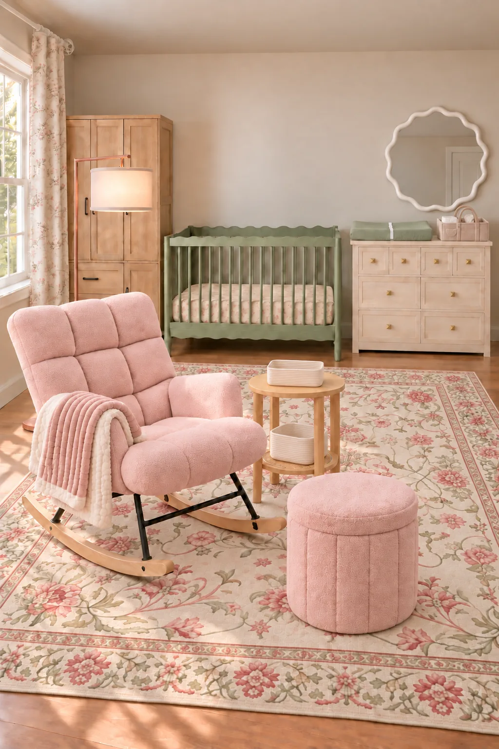 Cottage nursery with a sage crib, ivory dresser, pink rocker, floral rug and curtains, and a scalloped mirror.