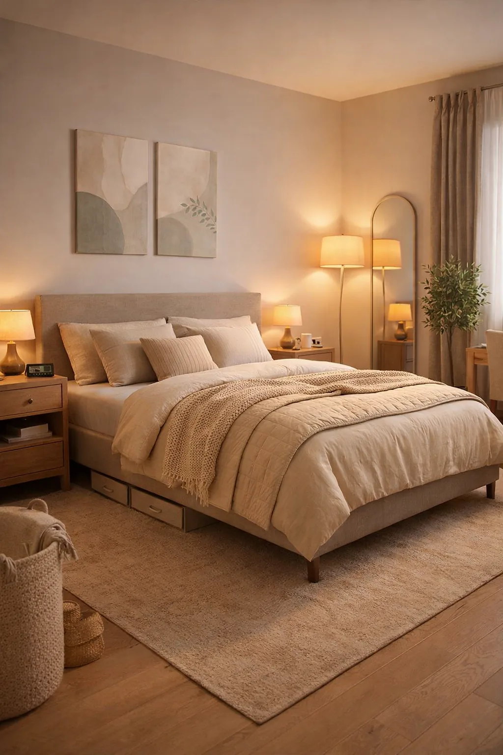 Warm neutral bedroom with low platform bed, linen layers, sage accents, blackout curtains, soft lamps, and a small desk and chair.