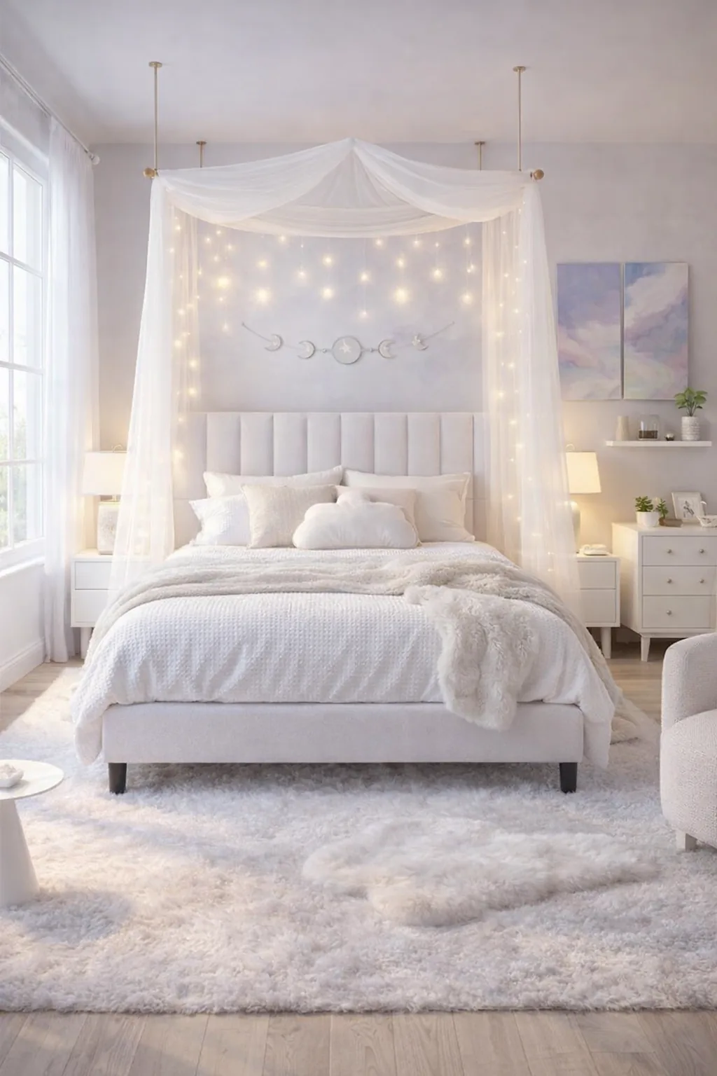 Bright cloud-white bedroom with a white velvet bed, sheer canopy, soft shag rug, pale moon decor, and gentle warm fairy lights in morning daylight.