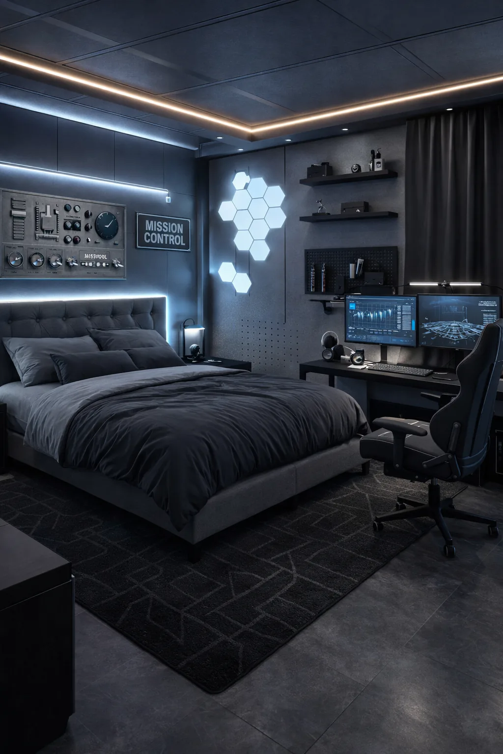 Metallic gray bedroom with a mission control desk zone, cool white LED accents, panel-style wall graphics, and clean black-and-charcoal textiles in a sleek spaceship interior.