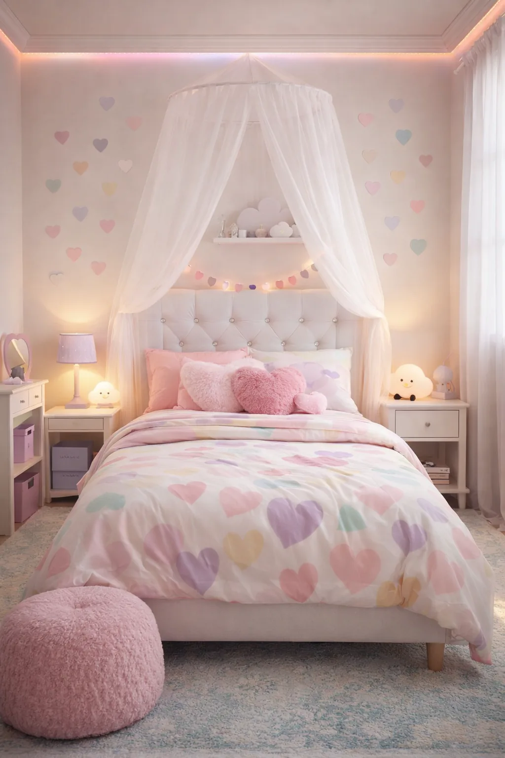 White upholstered twin bed with pastel heart bedding and airy canopy, plus mint rug and soft heart wall decals.