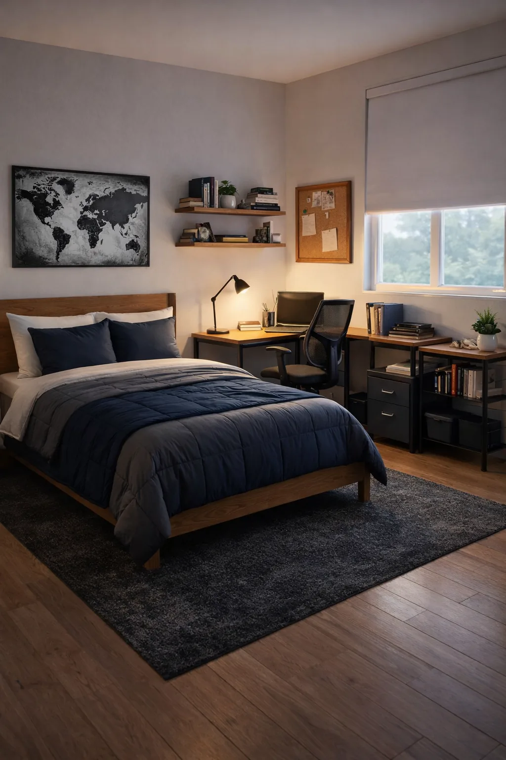Teen study bedroom with oak bed, navy bedding, warm task lighting, tidy desk and mesh chair, and subtle world map art.