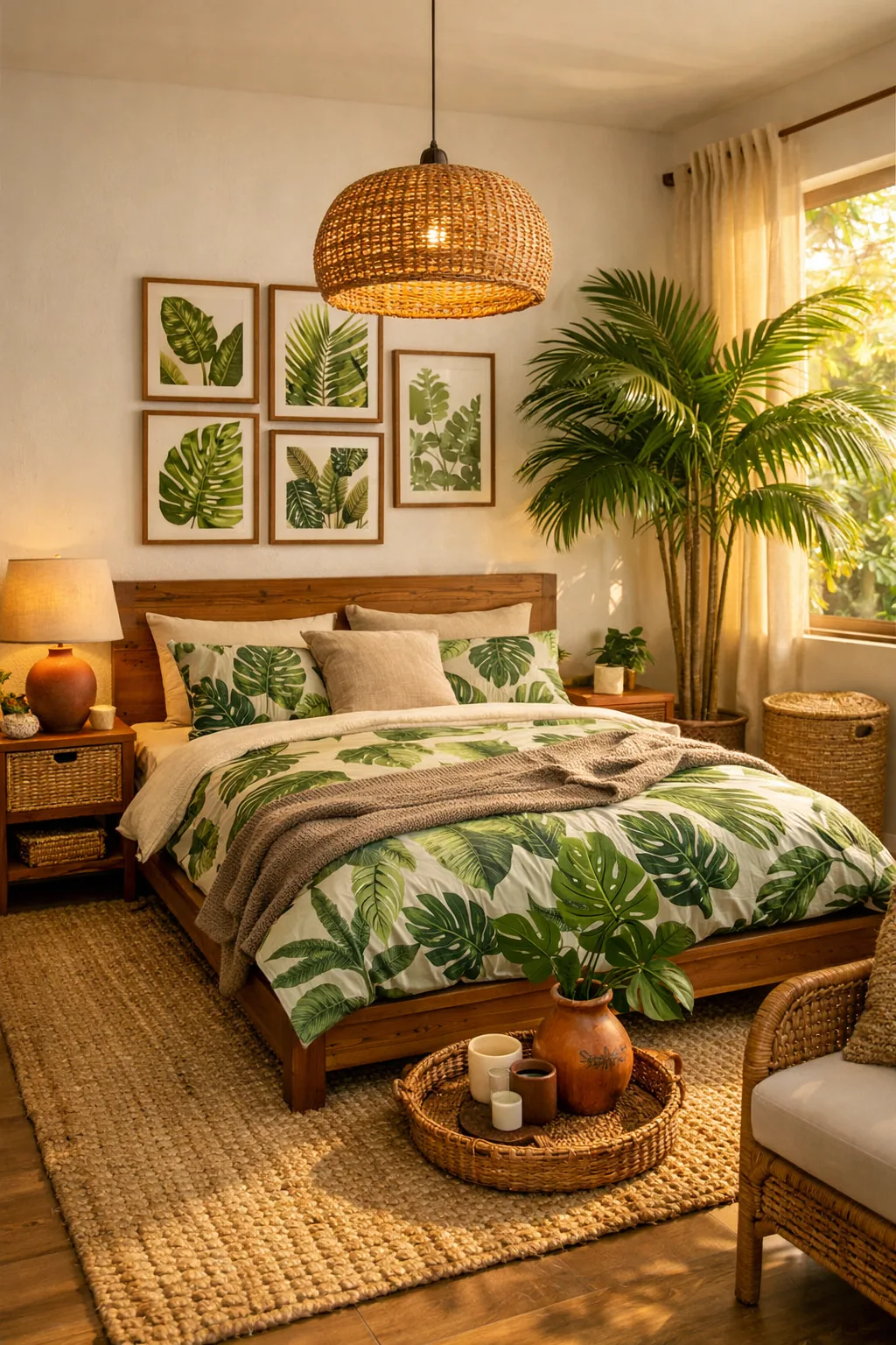 Sunlit tropical room with wood bed, leaf duvet, jute rug, rattan pendant, framed leaf art, palm, and sheer curtains.