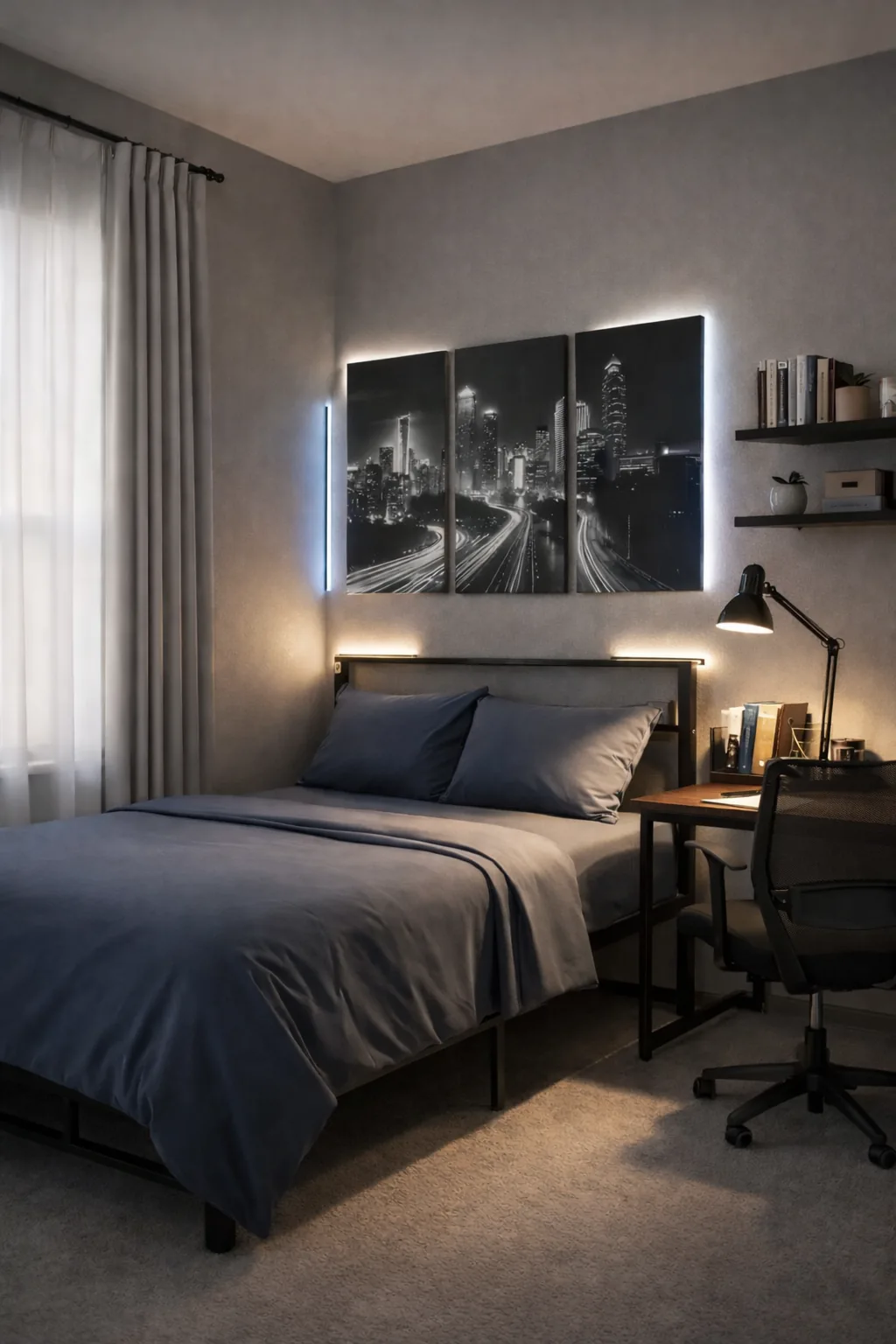 Modern dorm bedroom with slate bedding, black metal Twin XL frame, city triptych wall art, subtle wall light bars, and a warm wood desk with mesh chair.