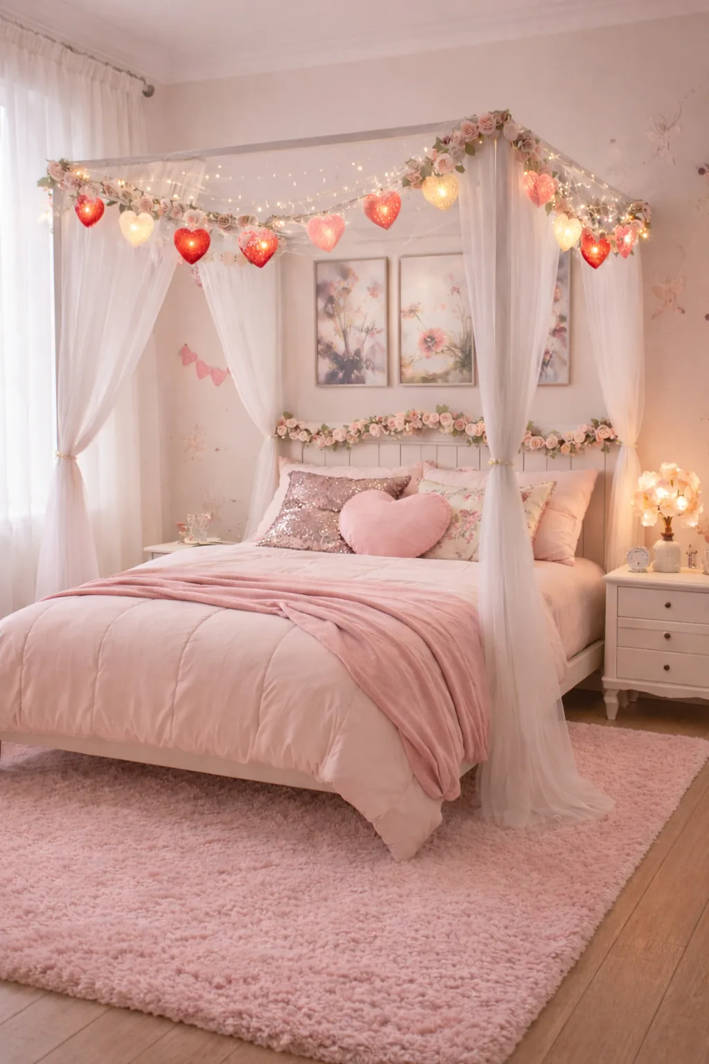 Twin canopy bed with sheer drapes, blush bedding, heart lights, fairy art, rug, and rose tree lamp in a warm kids room.