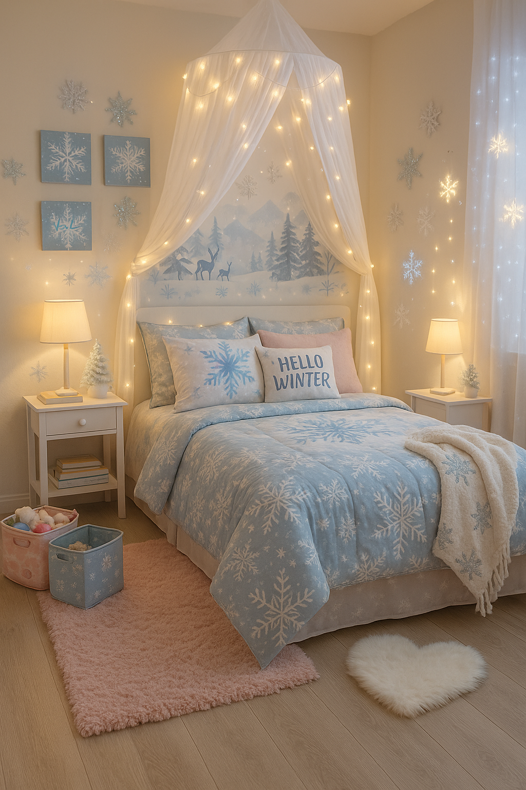 Cozy winter-themed girl's bedroom with snowflake bedding, canopy, fairy lights, and fluffy rugs