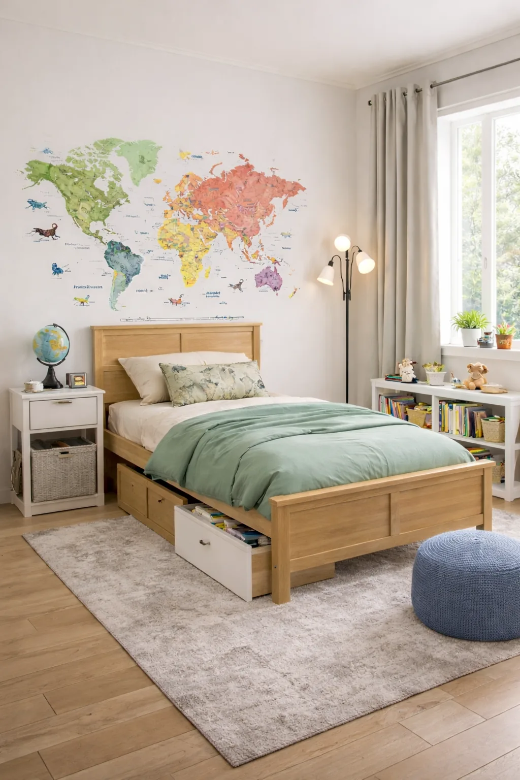 Photorealistic kid’s bedroom with a wood twin bed, sage duvet, beige curtains, world map decal, and neutral rug.